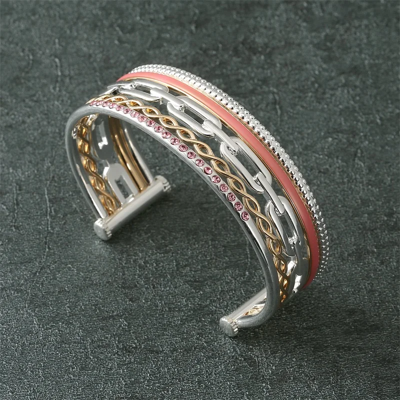 
Trendy Women Zinc Alloy Acrylic Round Rhinestone Real Gold Plated Screw End Open Cuff Bracelet Bangle 