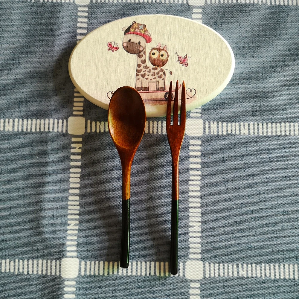 Handmade Japanese Style Wooden Kids Soup Spoons Natural Wood Rice Serving Tableware Flatware Set with Tied Line on Handle