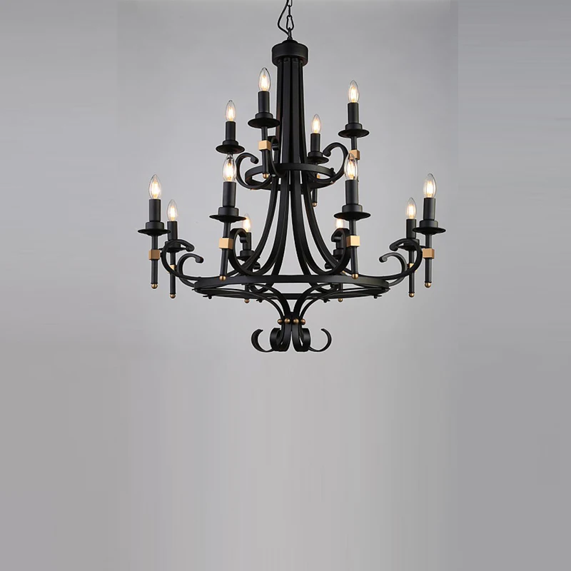 Antique castle European classical style pure black creative iron 12 lamp holder chandelier