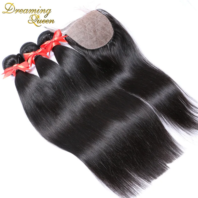 Peruvian Silk Base Closure With Bundles Straight Virgin Human Hair Weave With Silk Closure 3 Bundles