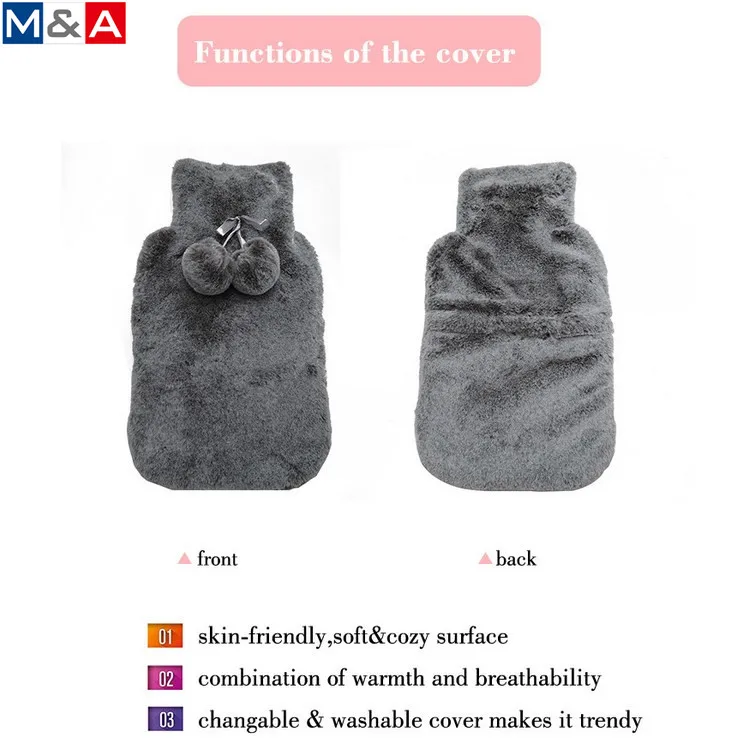 
Good quality rubber hot water bottles warm bag brown plush cover with pompom 