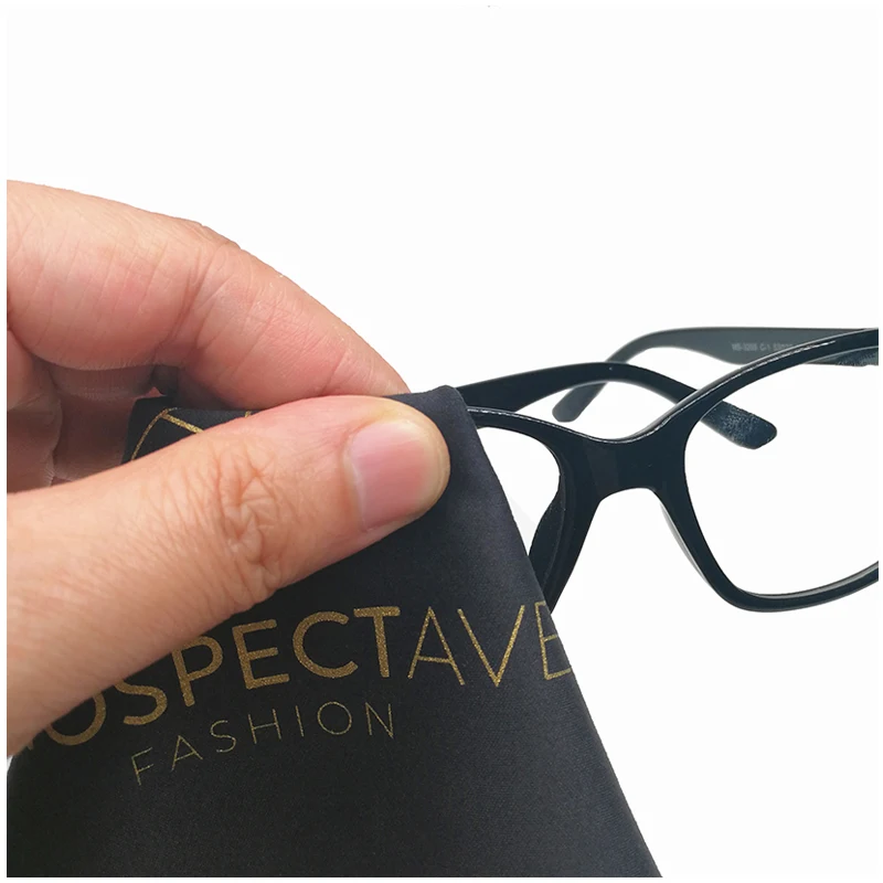 Microfiber black eyeglasses lens cleaning cloth with custom gold stamped logo