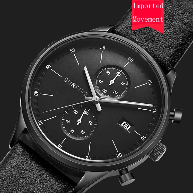 customized 3ATM Waterproof Sapphire Mens Black Genuine Leather Quartz Wrist  Stainless Steel Watch