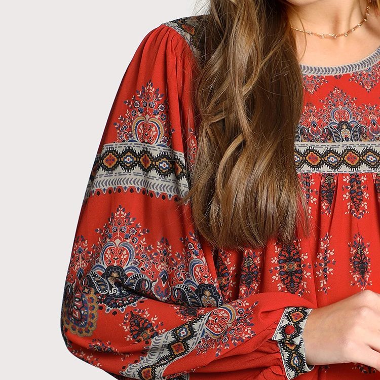 Multi Print Sheer Balloon Sleeve Fringe Strap Back Tie Peasant Blouse Women