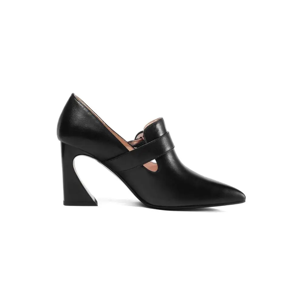 Fancy Design Women Footwear Hoof Heel Genuine Leather High Heels Shoes Buckle Strap Pointed Toe Pumps OEM Shoes