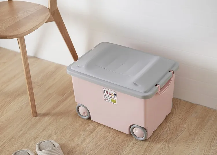 Factory made Plastic Storage Box With Wheels, Colorful storage container cartoon plastic toy storage box with wheel