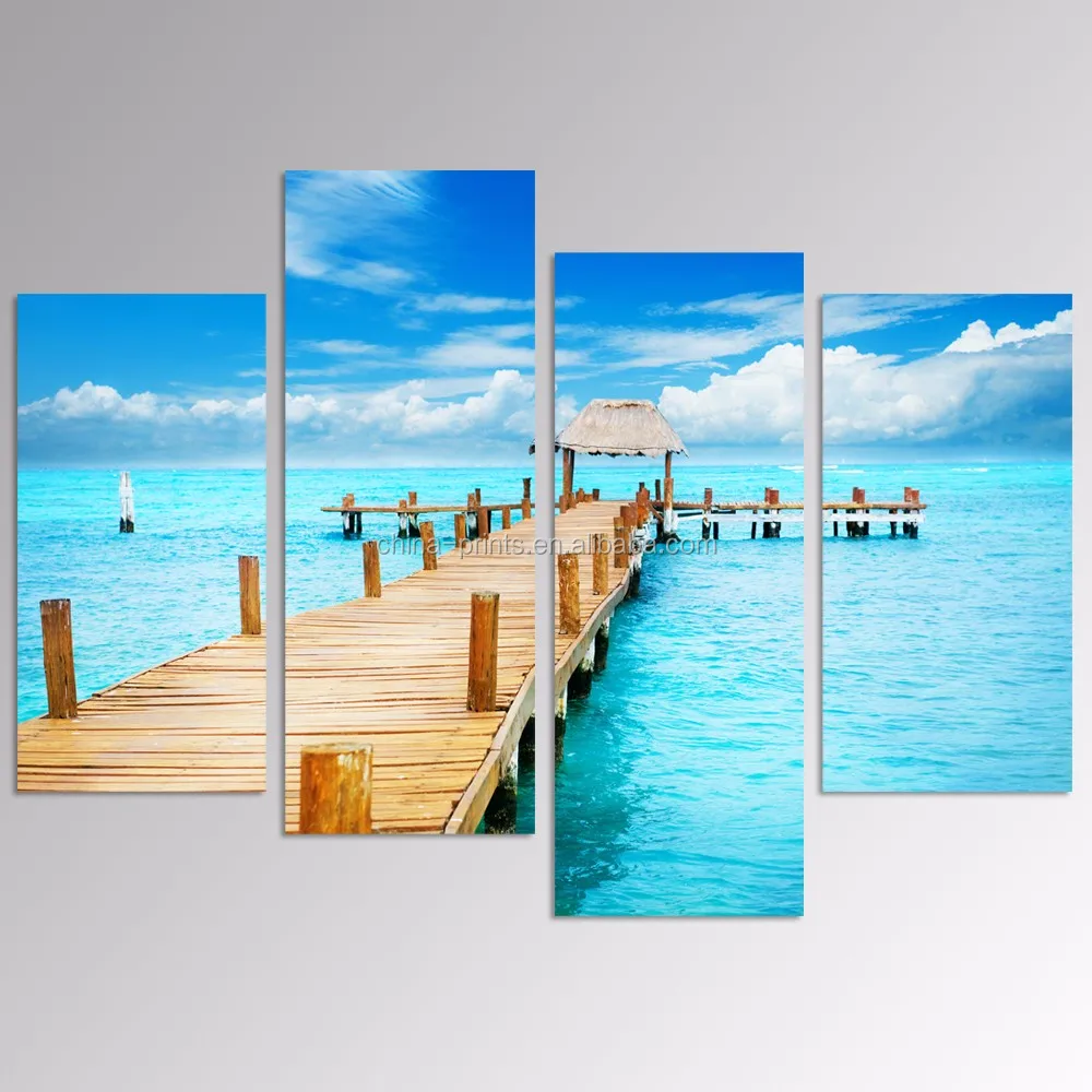 4 Panels Sunny Blue Seascape Wall Art/Wooden Bridge on Sea Canvas Print/Beach Canvas Wall Art