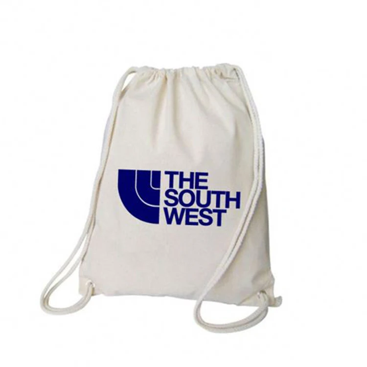
wholesale white cotton canvas drawstring rucksack backpack bag with logo for students 