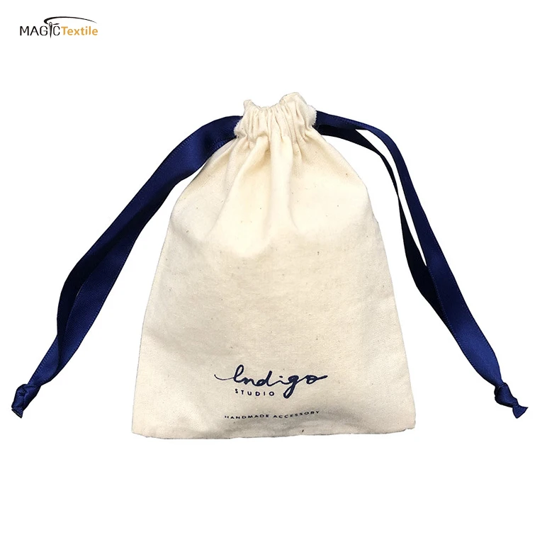 Custom Cheap India rustic natural white cotton jewelry gift bags cotton pouch with drawstring & logo