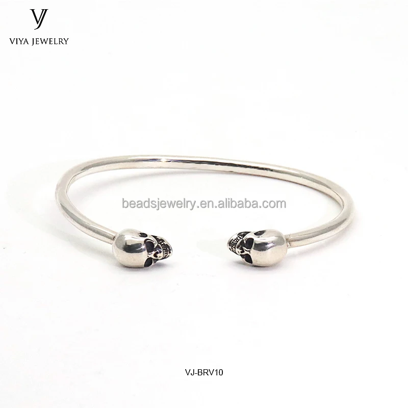 
Real 925 Sterling Silver Thin Twins Skull Open Cuff Bangle Bracelet for Ladies Gift 