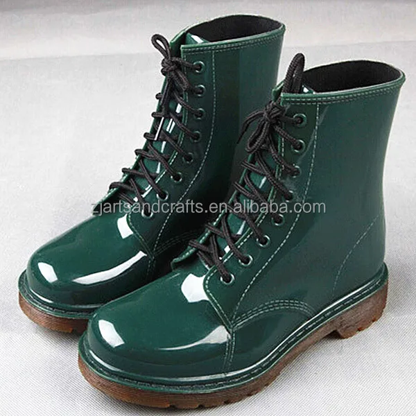 Fashion lsce-up green martin rain shoe pvc rain boot plastic ankle boot