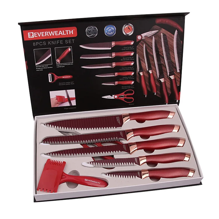 Topest Attractive Hot Selling 8 Pcs Kitchen Knife Set Red Color With Gift Box