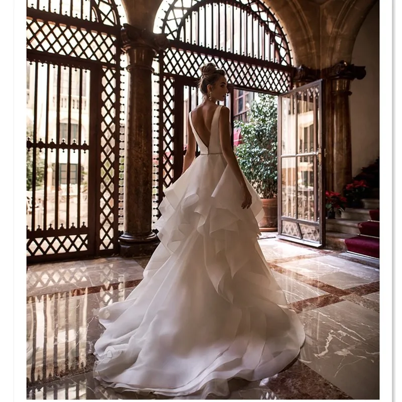 2019 new collection simple fairy sleeveless princess ruched skirt wedding gown deep V cut neckline ball gown wedding dresses