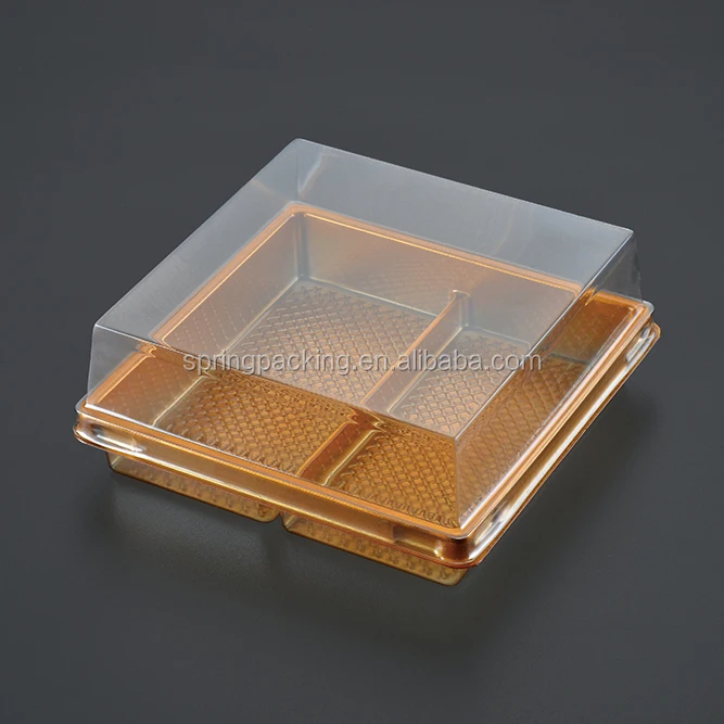 Manufacturing transparent plastic square dome sharp lid cake box without liner silver gold Food packaging container