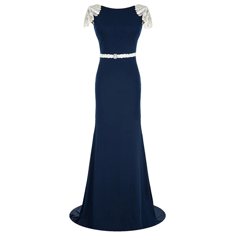 Graceful Full Length Sheath Lace Applique Navy Evening Dress for Women