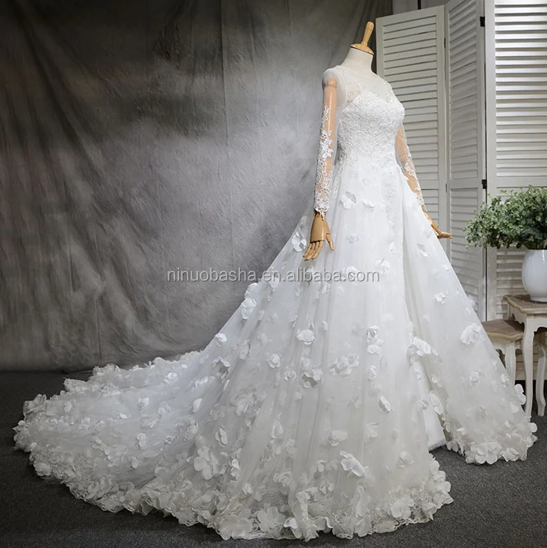 NW1273 Scoop Neckline Long Sleeve 3D Flower Lace A-line Elegant Wedding Dress With Detachable Train