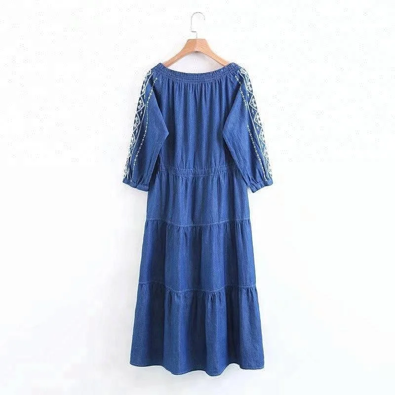D&S factory dropshipping stretch denim embroidered dress frock knee length women dresses