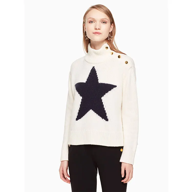 Star print short slim women  turtleneck cashmere sweater with button on the neck