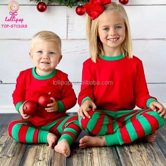 Wholesale Matching Family Christmas Pajamas Sleepwear Set Blanks Red And Green Stripes Kids Children Pajamas Christmas
