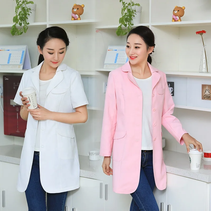 
Розовая лабораторная куртка, женское платье с воротником с лацканами и пуговицами спереди, верхняя одежда, униформа для медсестер и врачей 