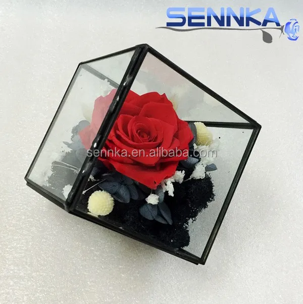 save20% 6-7cm glass flower Rose in Triangle glass for wedding table centerpieces