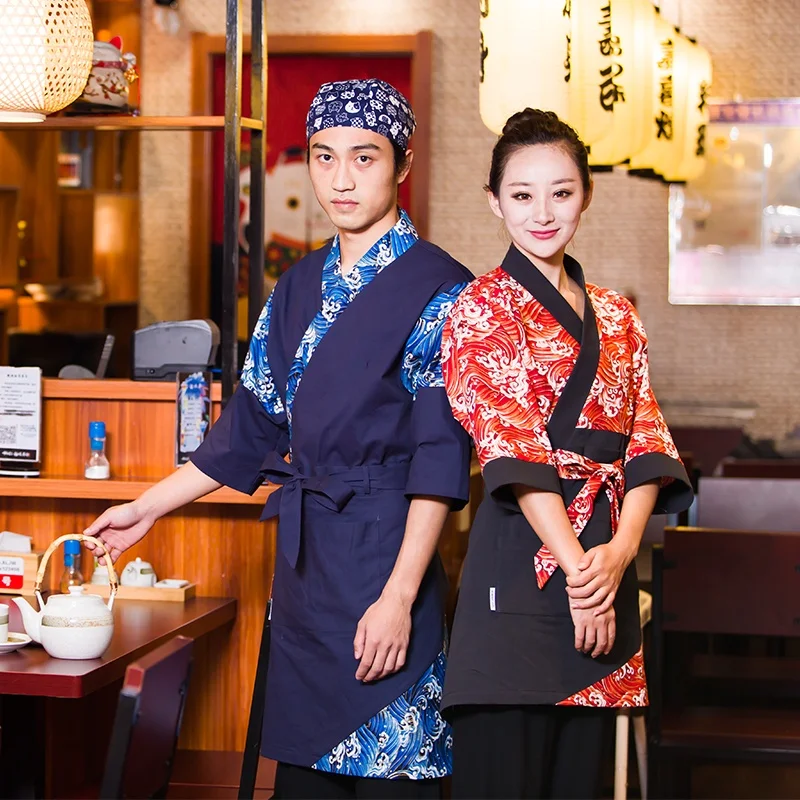 
hot-sale 100% cotton uniform for Japanese restaurant waiter / waitress sushi bar classic uniform design Kanagawa wave 