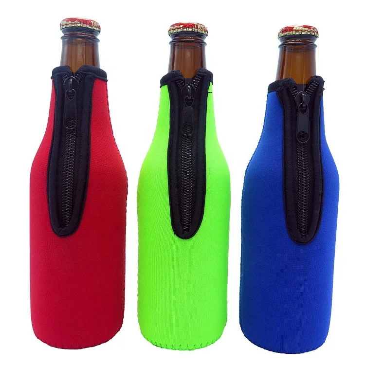Promotional Neoprene Single Beer Bottle Holder/ Insulated Beer Bottle Cooler with Zipper Holder