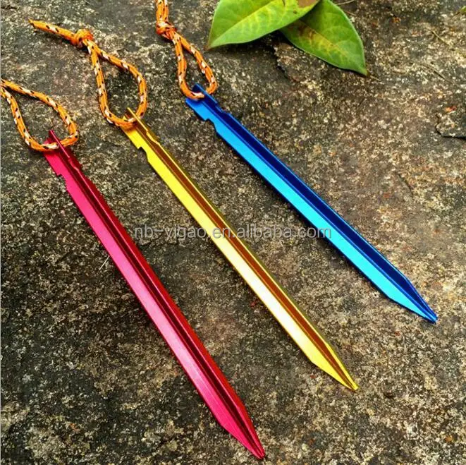 Hot sale Aluminum Tent Stakes Ultralight Y Beam Design with Reflective Pull Cords 12pcs Pack.