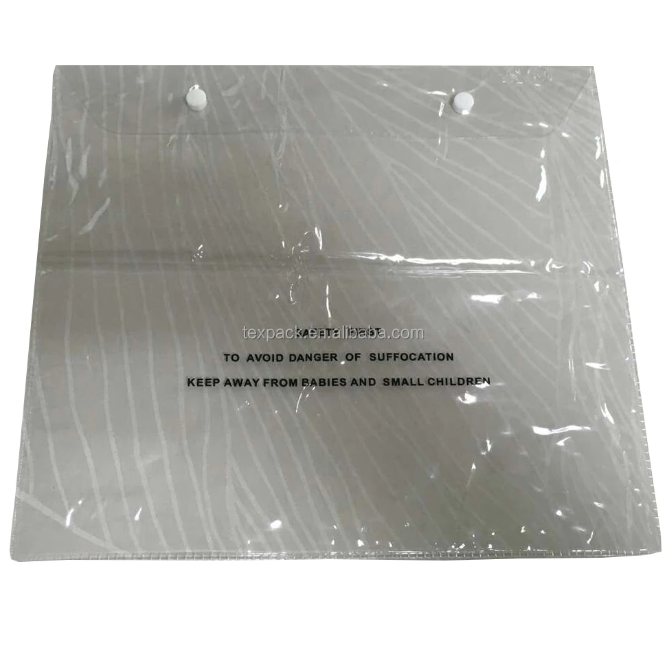 Heat sealed clear pvc plastic bag with snap button for bedsheet/blanket/cloth