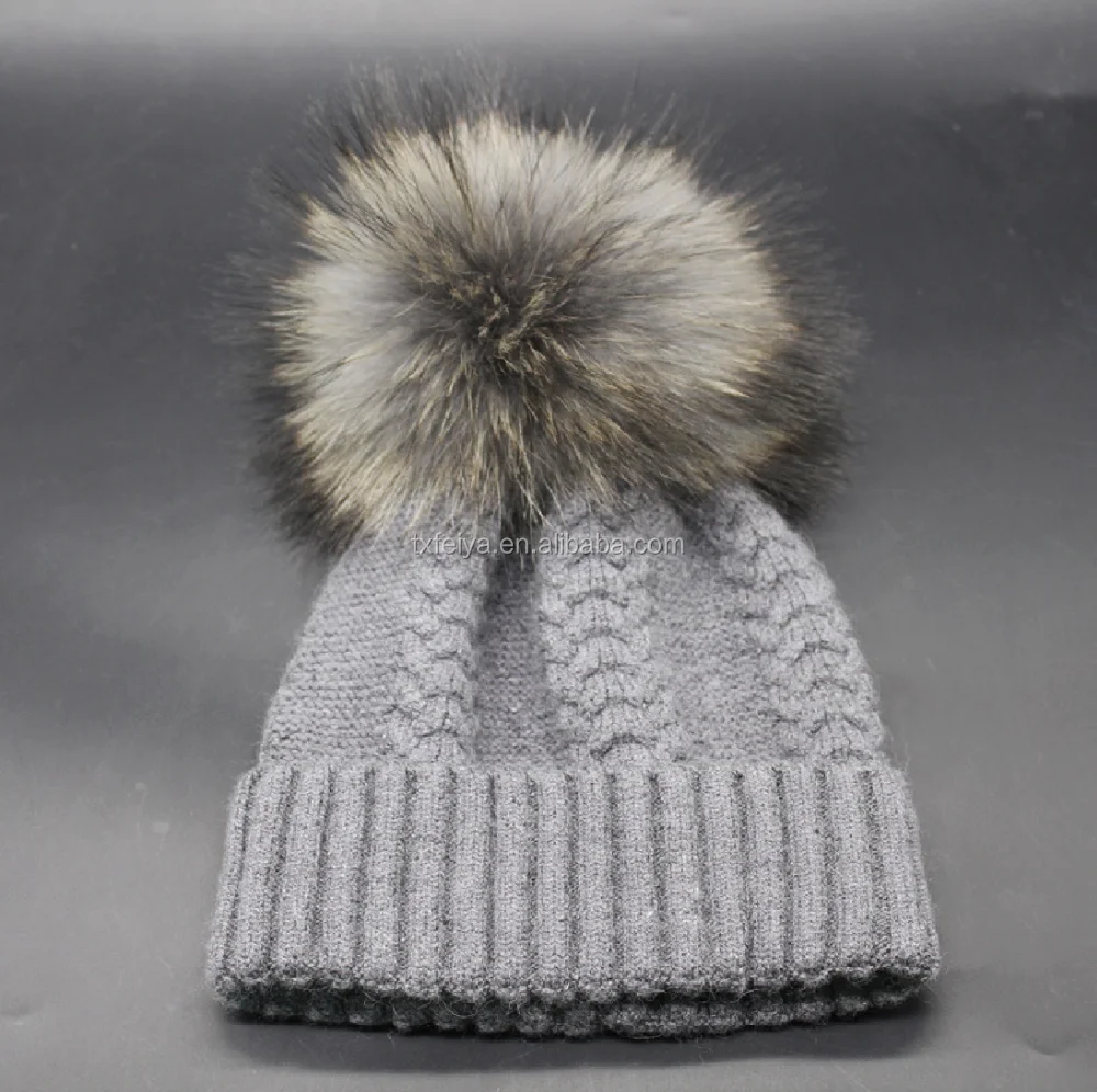 Classic style wholesale unisex wool knit beanie hat with raccoon fur pom poms