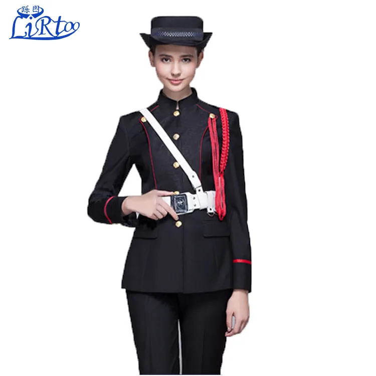 Design high quality lady hotel security guard uniform black color for sale