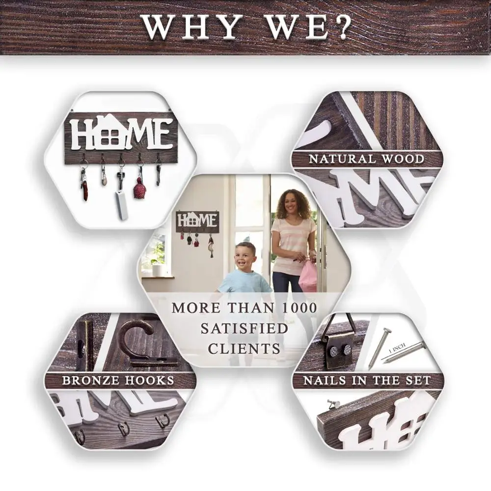 Key Holder for Wall  Home  Natural Wood | Decorative Key Hooks Ring Holder w/ 5 Hooks, Rustic House Holder for Living Area, Ki