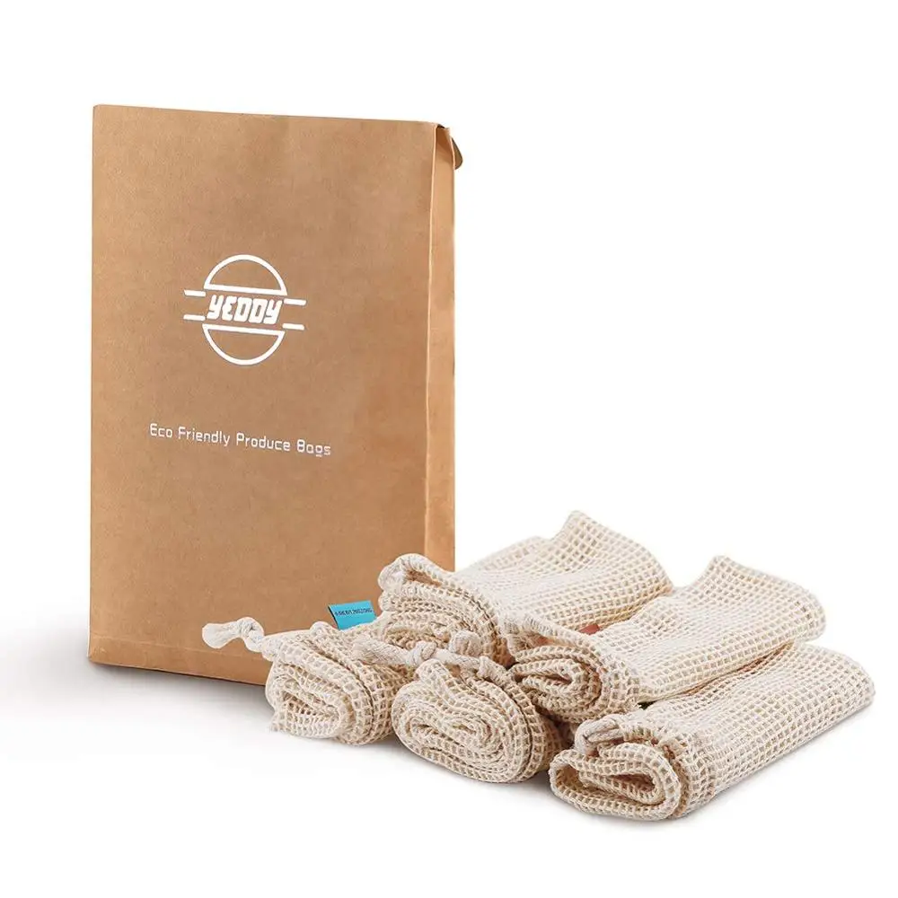 
Food Grade washable and reusable Cotton Mesh Produce Bag set for vegetable and fruit drawstring grocery shopping bags 