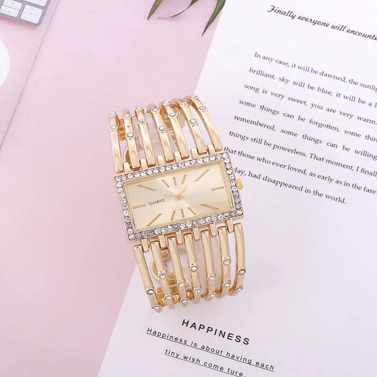 Popular Diamond-inlaid Rectangular Watch Steel Rose Gold S Bangle Fashion Analog Leather Black Bracelet Watches Women Wholesale