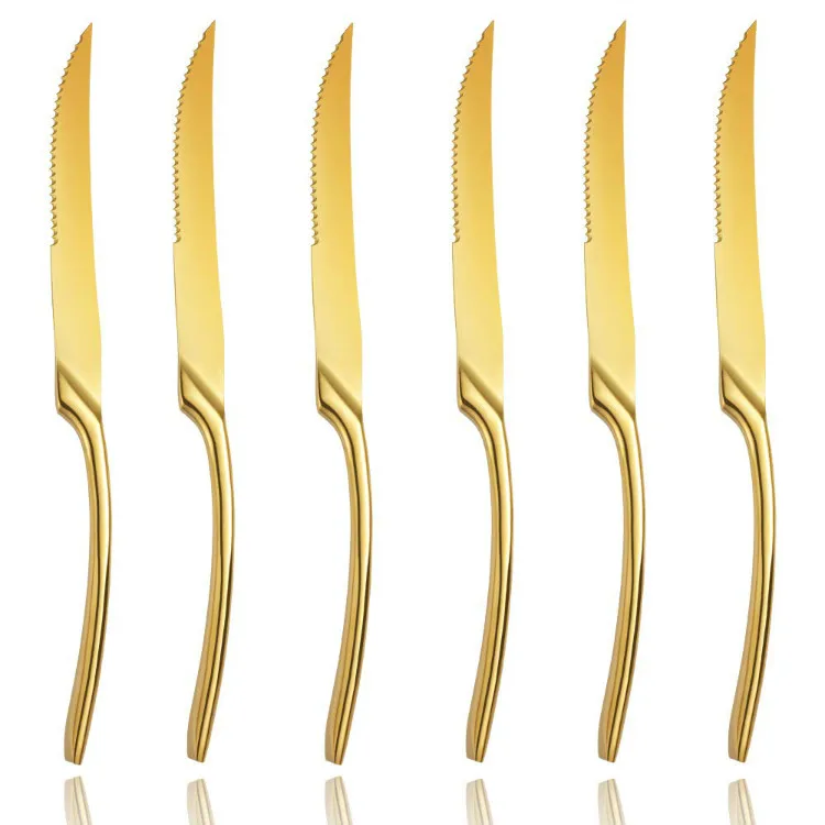 
304 Stainless Steel Food Grade Metal Reusable Restaurant Chef Kitchen Cheese Custom Cutter Serrated Gold Steak Knife Set 