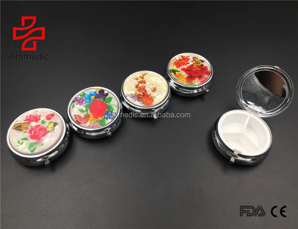 
2021 Athmedic food grade 3 case round circle mirror jewelry promotional mirror decorate metal pill case box 