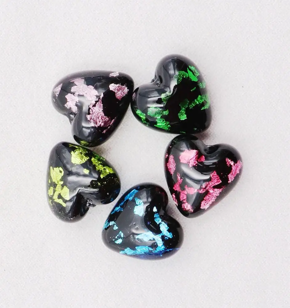 Wholesale Italian Venetian Murano Glass Crushed Foil Half Hole Heart Bulk Lampwork Jewelry Beads for Craft Supplies & Tools
