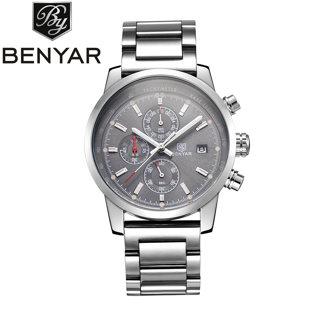 BENYAR Brand Watch Chronograph Sport stainless steel band alloy case Men Quartz Date Watches