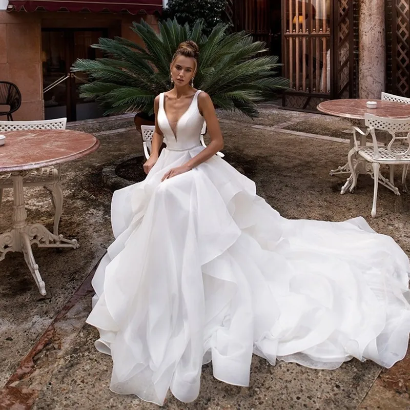 2019 new collection simple fairy sleeveless princess ruched skirt wedding gown deep V cut neckline ball gown wedding dresses