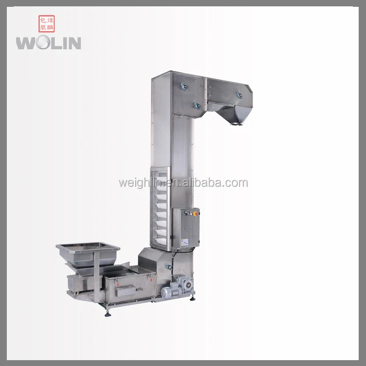 Weighlin economical painted steel 304SUS Z C multi-mouth output shape type bucket elevator conveyor 1L 1.8L 4L 8L packing line