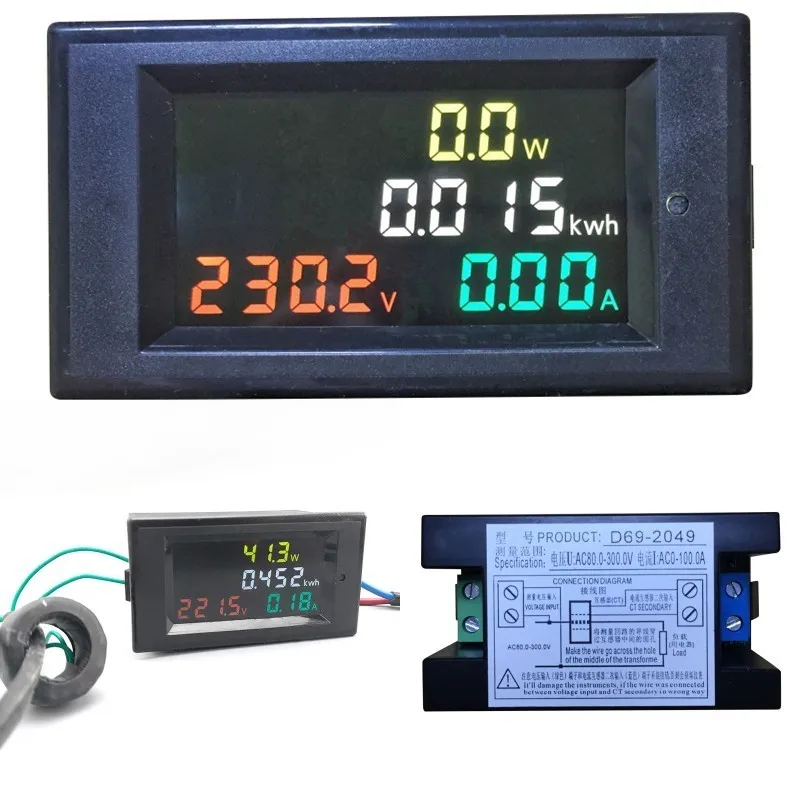 D69-2049 Multi-Functional Color Screen AC Voltmeter Ammeter Voltage Current Power AC 80-300V 100A
