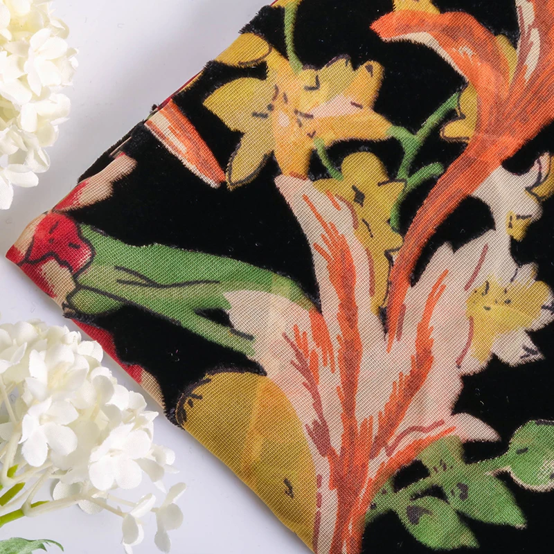 Nylon And Rayon Black Woven Print Flower Burn out Fabric For Dress