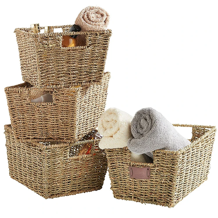 Customization Set of 4 Storage Baskets seagrass basket Inset Handles seagrass basket