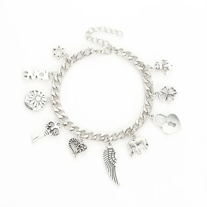Cute girls bracelet chain charms with heart key wing pendant bracelet