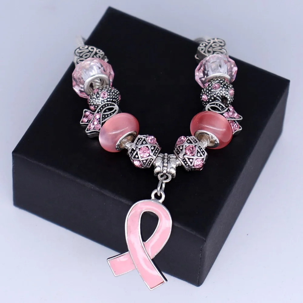 Pink RIbbon Breast Cancer Awareness Big Hole Beads Bracelets With Snake Chain For Women Survivor Souvenir Gift