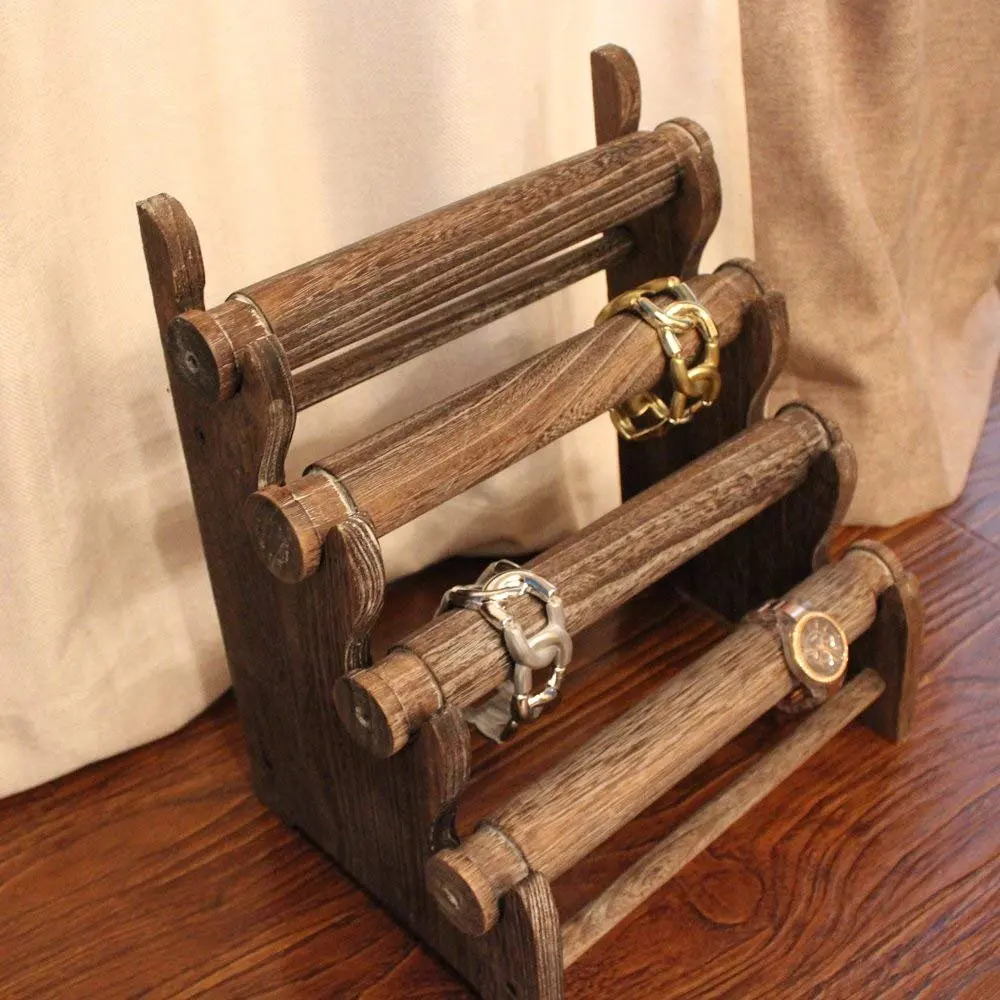 Design Antique Brown Color Wooden 4 Tier Bar Bracelet/Bangle Jewelry Holder Stand Display Organizer