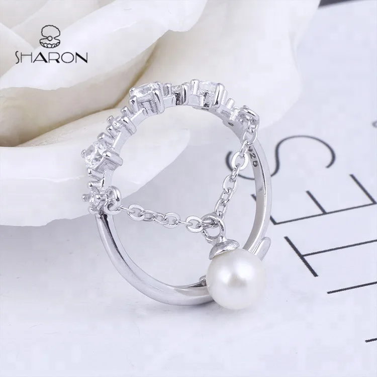 Beautiful Wholesale Women Jewelry Friendship Freshwater Hanging Pearl Sterling Silver Adjustable Ring