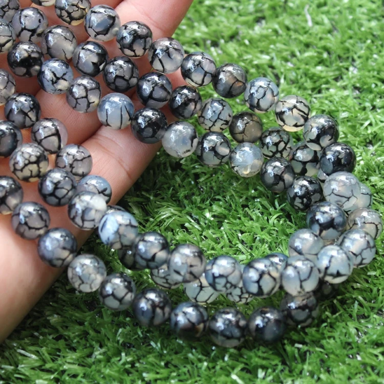 8mm round black and white dragon stripe matrix agate loose stone beads