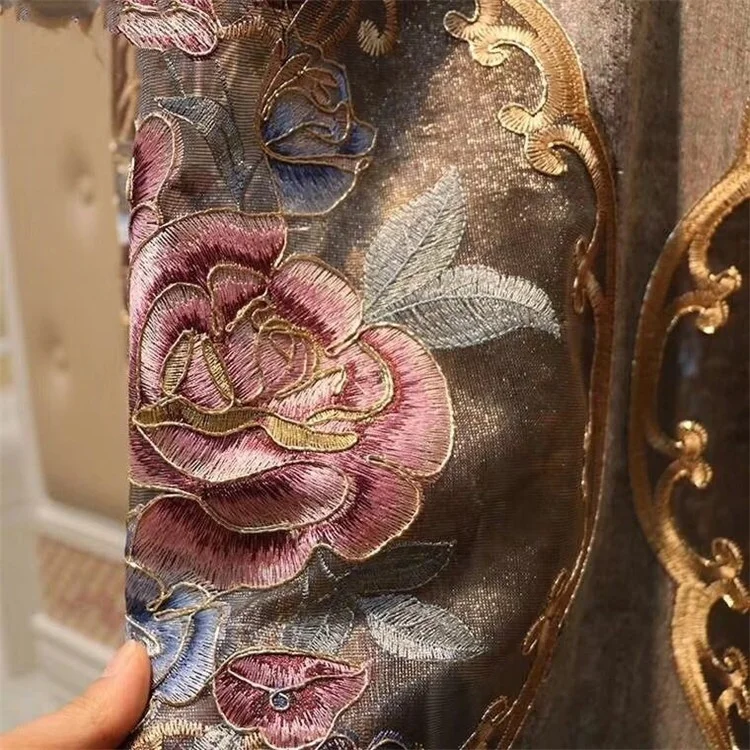 Hot selling Lace border trim curtains with embroider designs gold sequin curtains for the living room