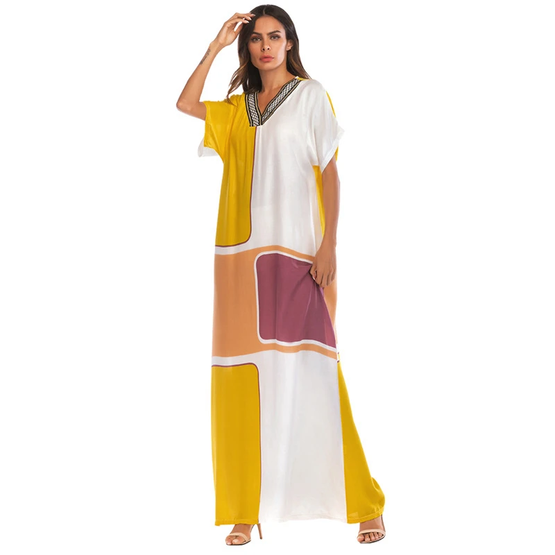 A3409 Summer Women Loose Bat Sleeve Dress Muslim Kaftan Abaya Vintage Islamic Maxi Robe